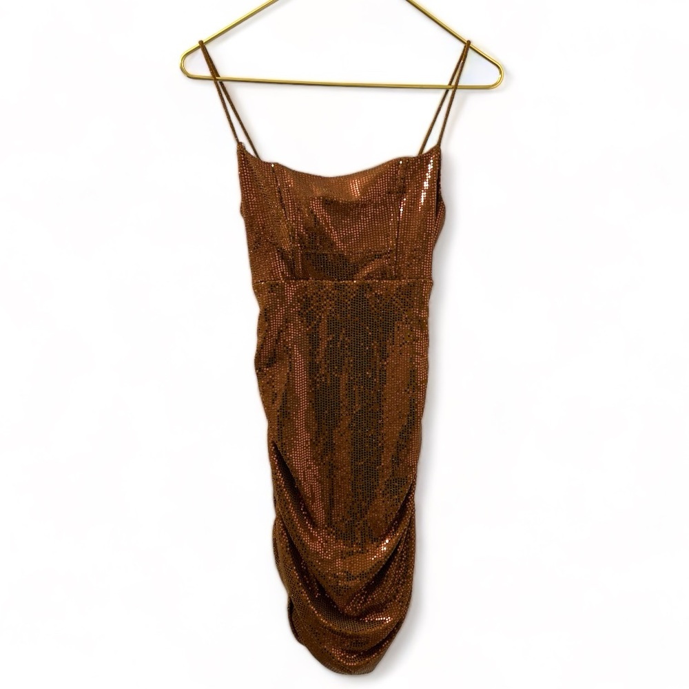 NWT NYE Urban Outfitters Lucky Sequin Copper Brown Ruched Sparkle Dress